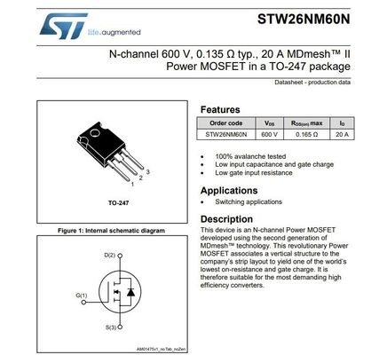 MOSFET de potência de 40A em um pacote TO-247 STW48N60DM2 Field Effect Transistor